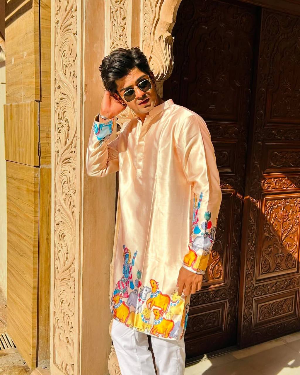 LIGHT BEIGE KRISHNA WITH COW PRINT KURTA PAJAMA