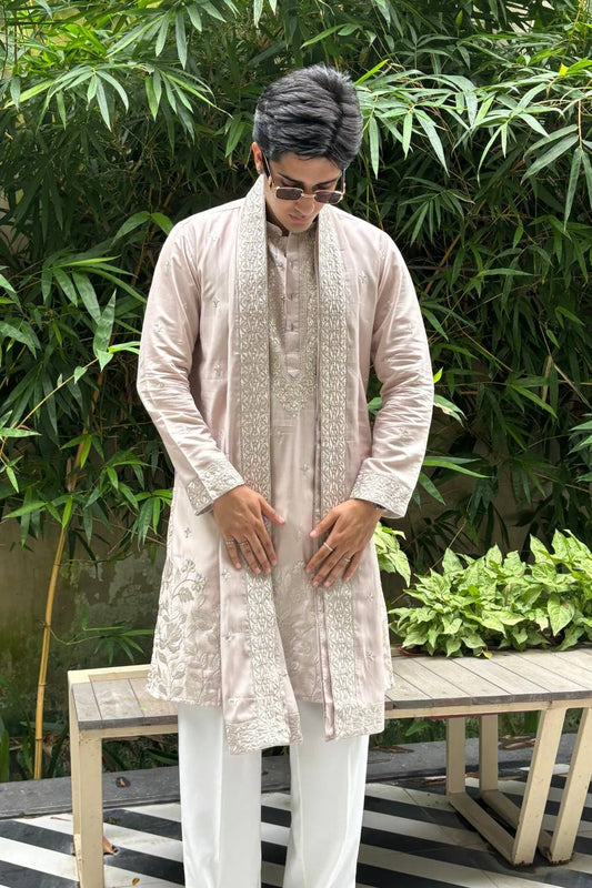 BLUSH PINK EMBROIDERRED KURTA PAJAMA WITH DUPATTA SET FOR MEN'S