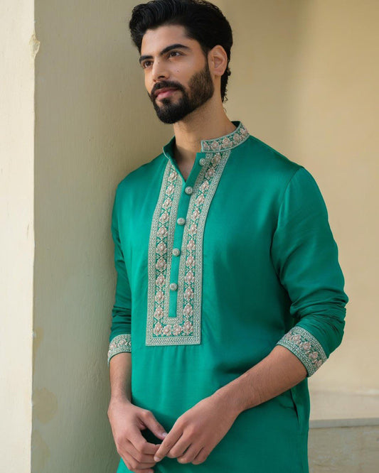 TEAL GREEN NECK JARI HEAVY EMBROIDERED KURTA WITH PANT SET