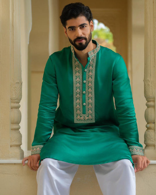 TEAL GREEN NECK JARI HEAVY EMBROIDERED KURTA WITH PANT SET