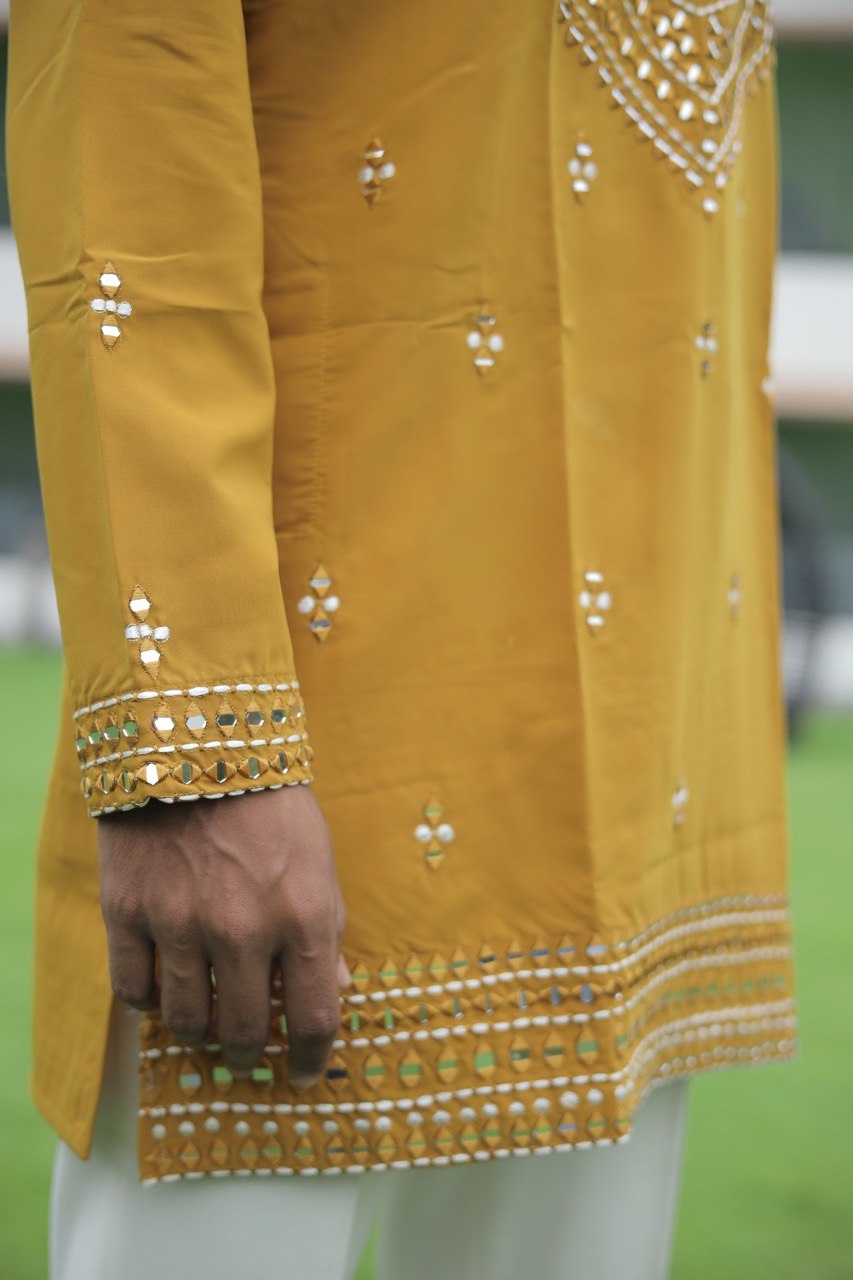 Mustard Yellow V-Neck Kurta with Elegant Butti Work