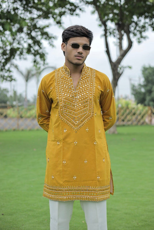 Mustard Yellow V-Neck Kurta with Elegant Butti Work