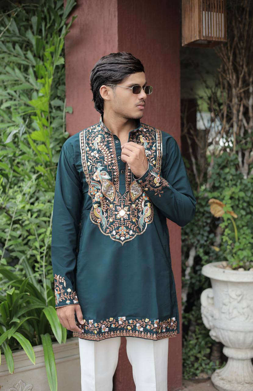Bottle Green Peacock Motif with Mirror Work Kurta