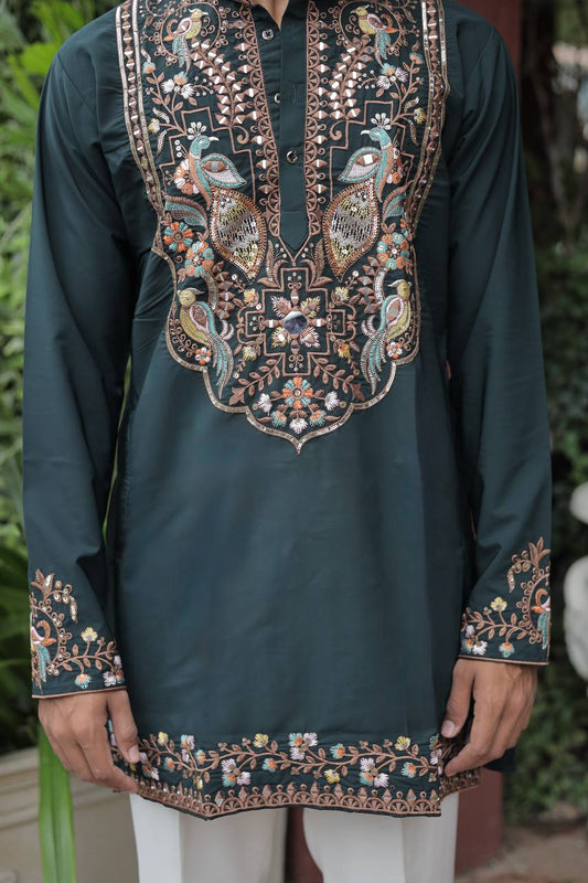 Bottle Green Peacock Motif with Mirror Work Kurta