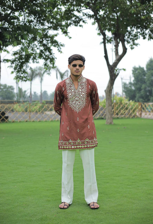 Brown V Neck Real Mirror Work Kurta