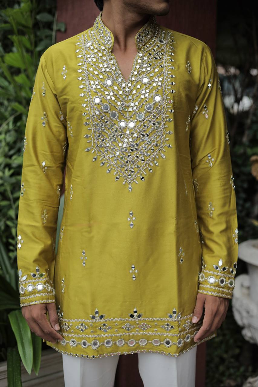 Mustard Yellow V Neck Real Mirror Work Kurta