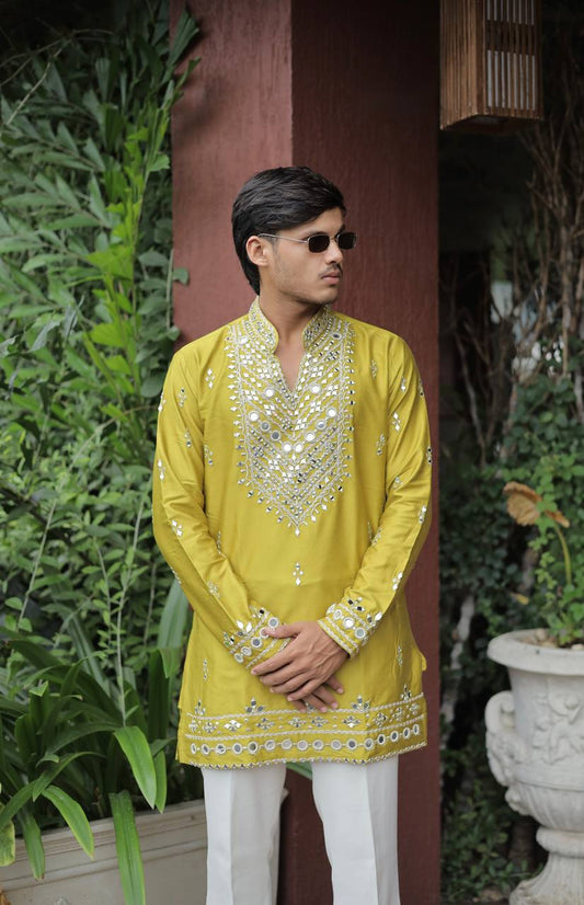 Mustard Yellow V Neck Real Mirror Work Kurta