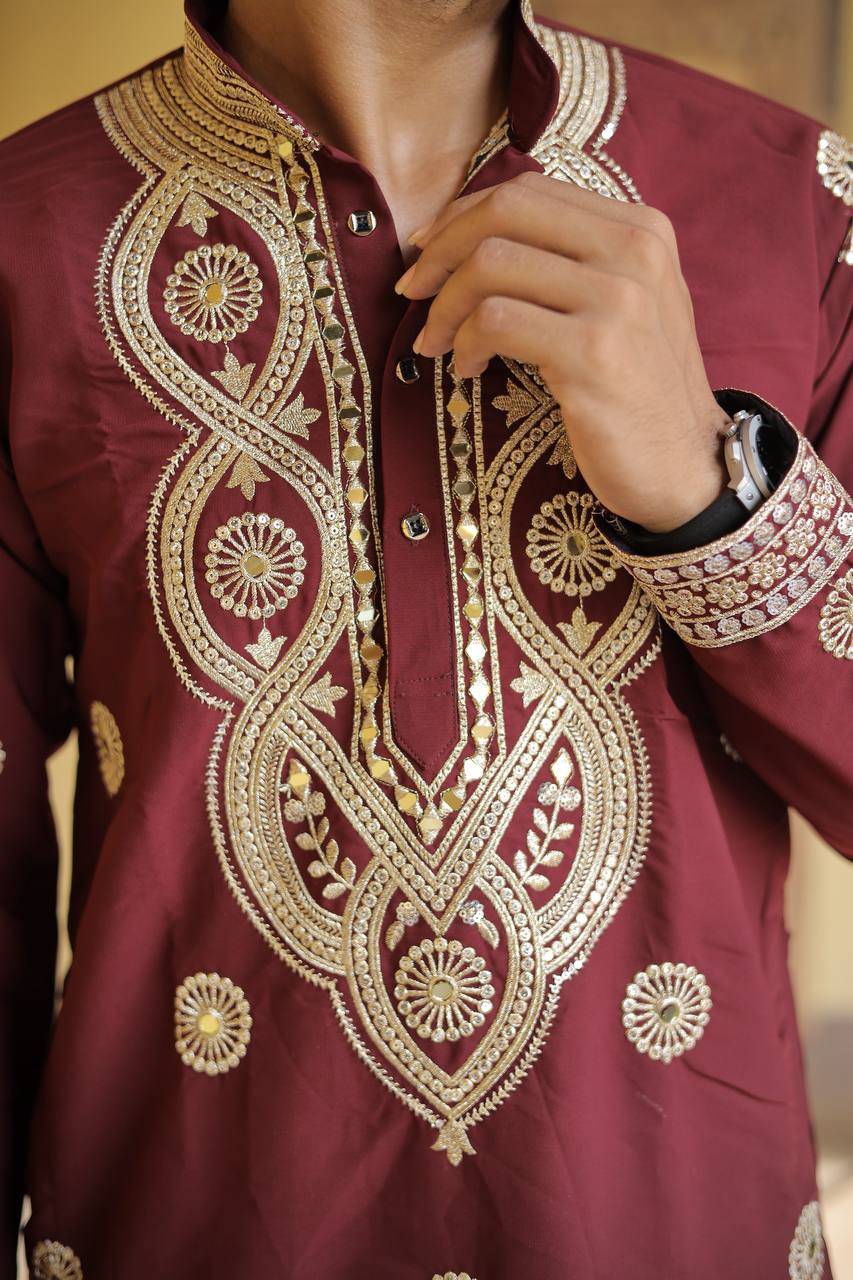 Maroon Golden Jari Mirror Work Kurta