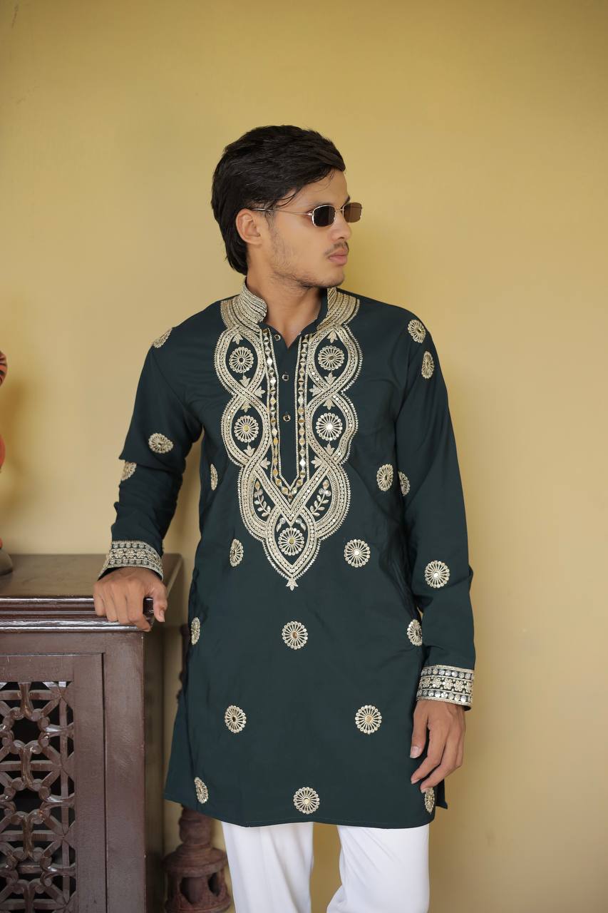Bottle Green Jari Mirror Work Kurta