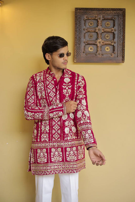 Crimson Red Georgette Flower Heavy Embroidered kurta