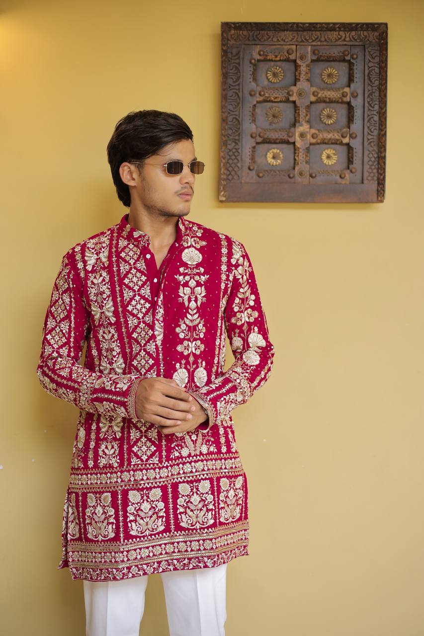 Crimson Red Georgette Flower Heavy Embroidered kurta