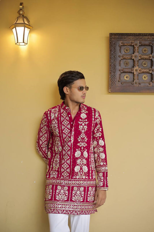 Crimson Red Georgette Flower Heavy Embroidered kurta