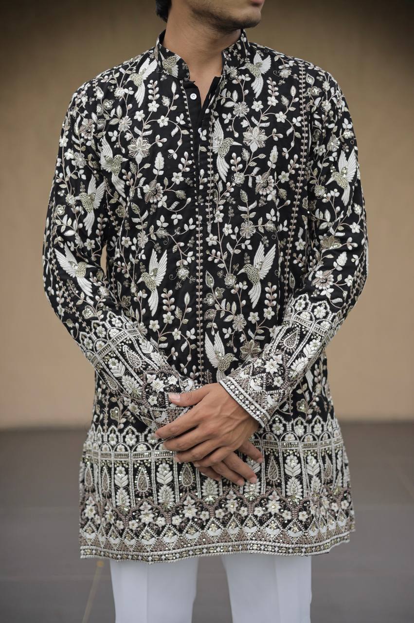 Black Georgette Birds Heavy Embroidered kurta