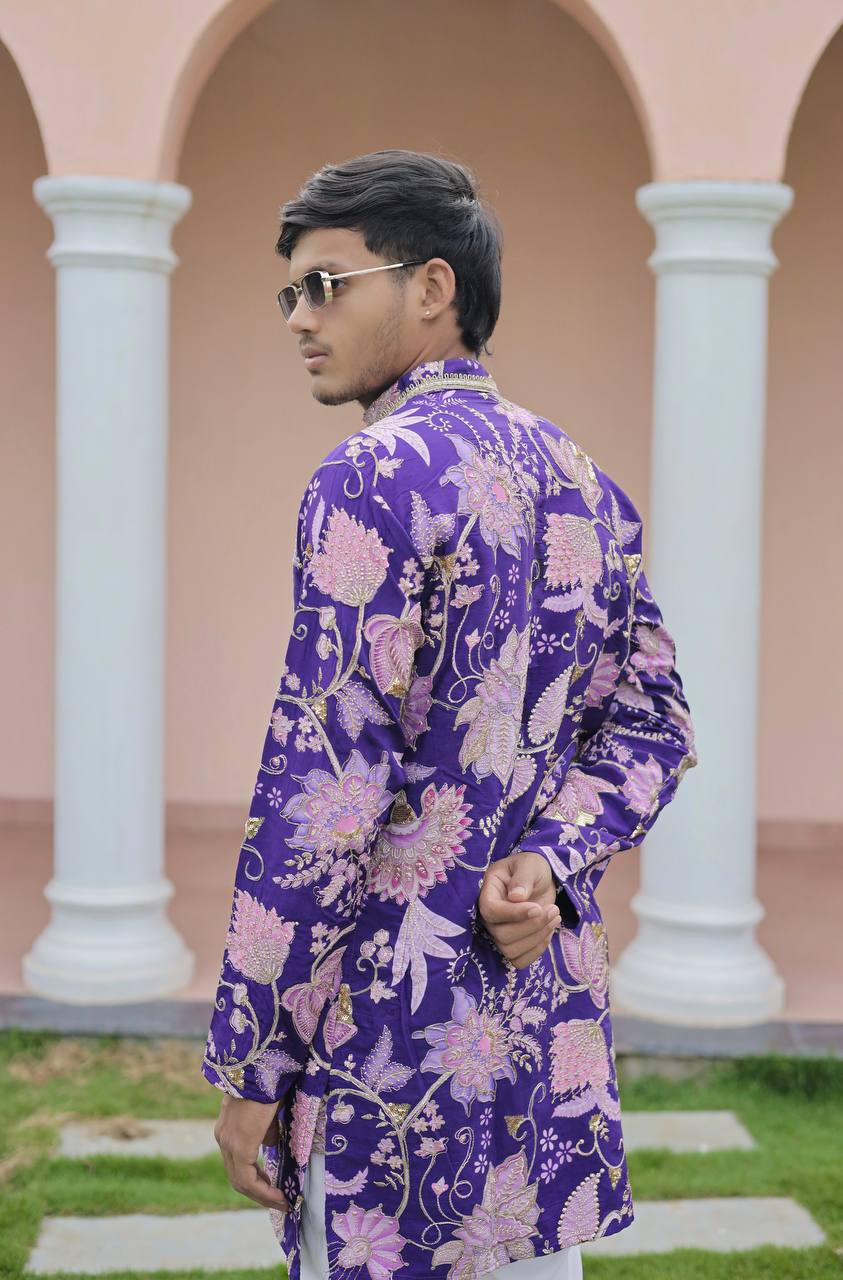 Violet Flower Position Printed Premium Kurta