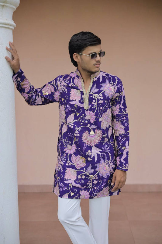 Violet Flower Position Printed Premium Kurta