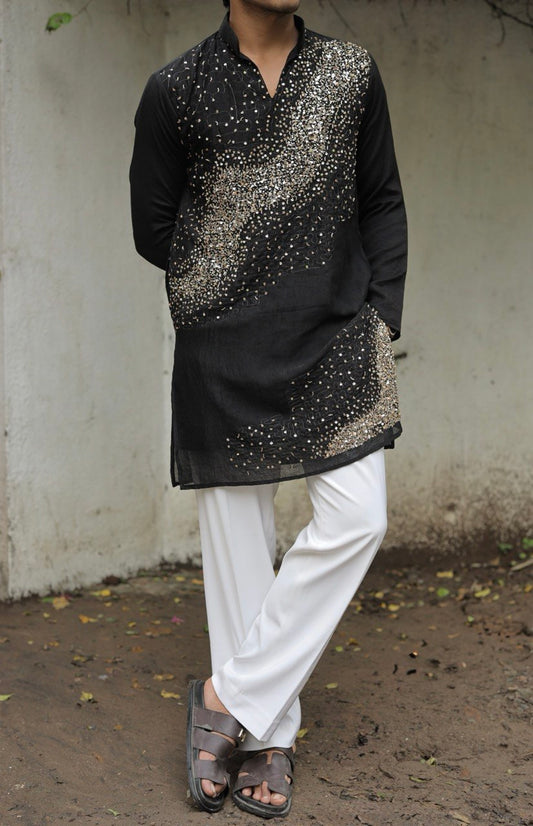 Black Hand Embroidered Beads Work Kurta for Men