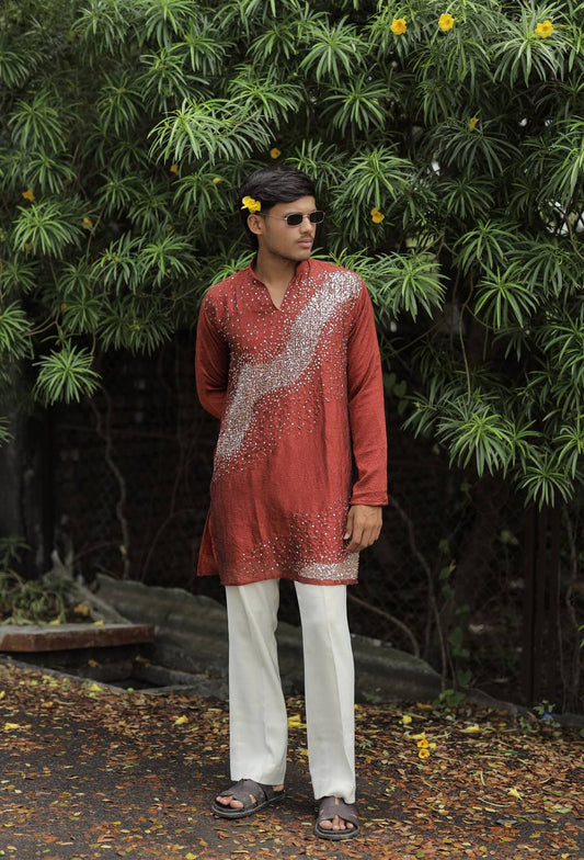 Rust Hand Embroidered Beads Work Kurta for Men
