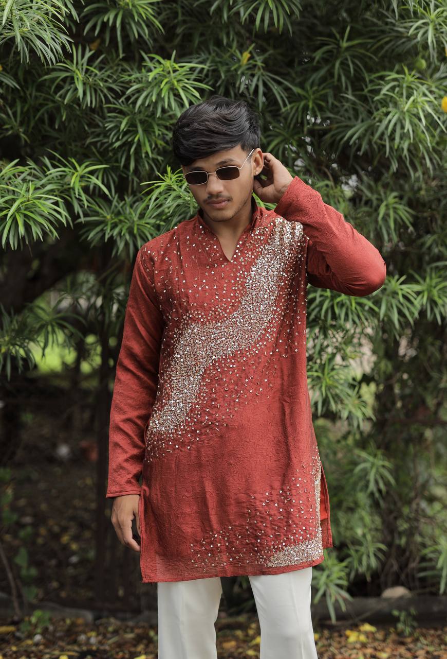 Rust Hand Embroidered Beads Work Kurta for Men