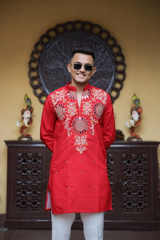 Red Kurta with Front & Back Mirror Embroidery Work