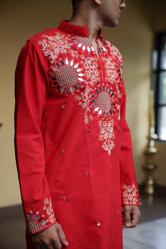 Red Kurta with Front & Back Mirror Embroidery Work