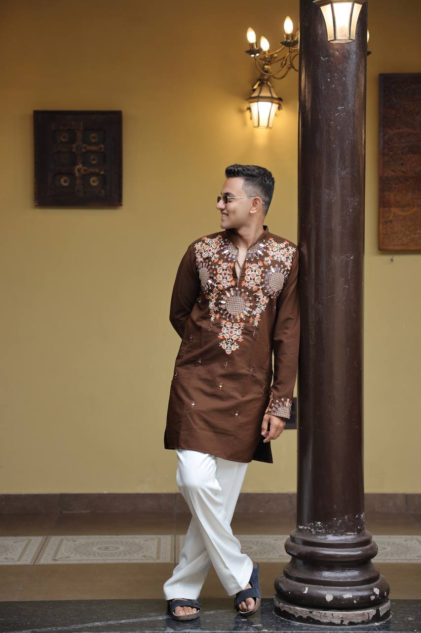 Brown Kurta with Front & Back Mirror Embroidery Work