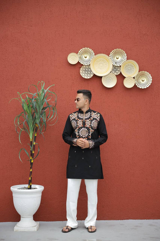 Black Kurta with Front & Back Mirror Embroidery Work
