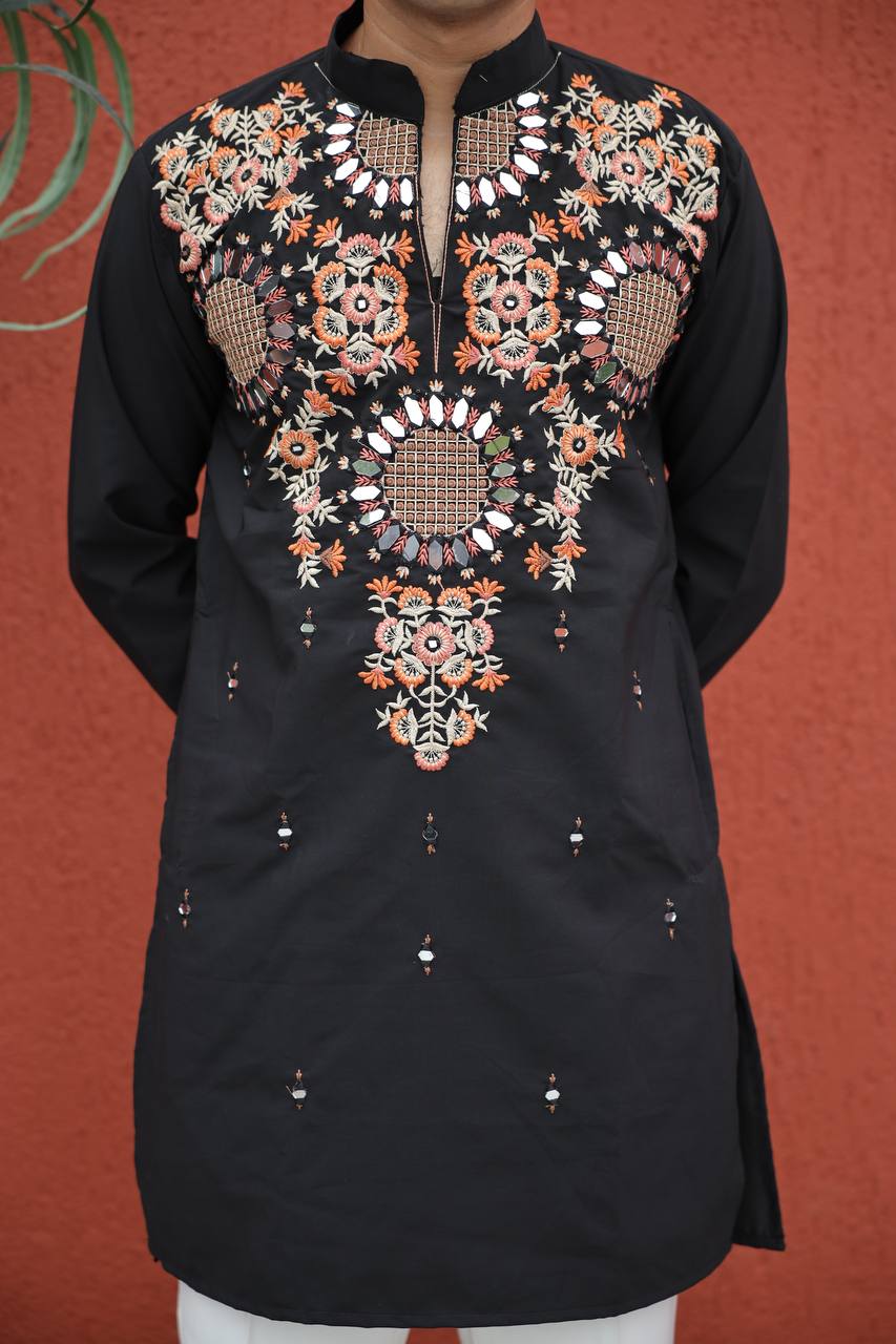 Black Kurta with Front & Back Mirror Embroidery Work