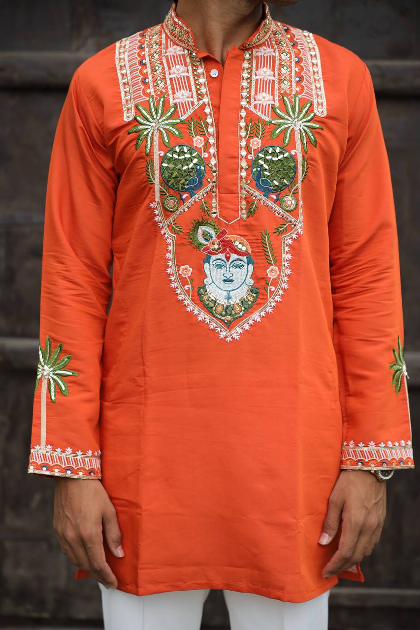 Shrinathji Motifs & Peacock Mirror Embroidered Festive Kurta