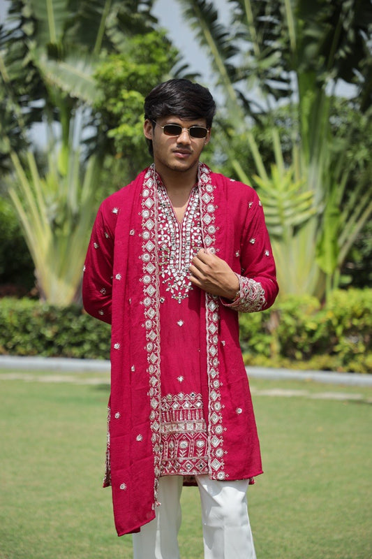 Rani Pink V-Neck Mirror Work Wedding Kurta Set For Men With Stole