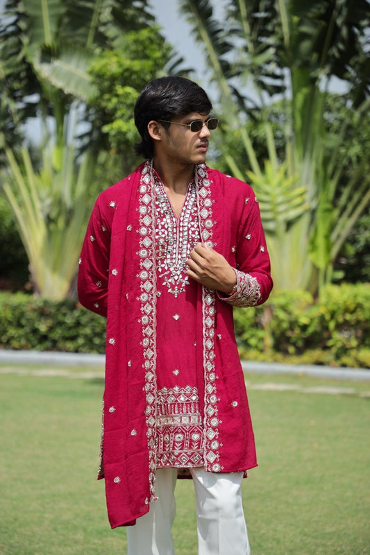 Rani Pink V-Neck Mirror Work Wedding Kurta Set For Men With Stole