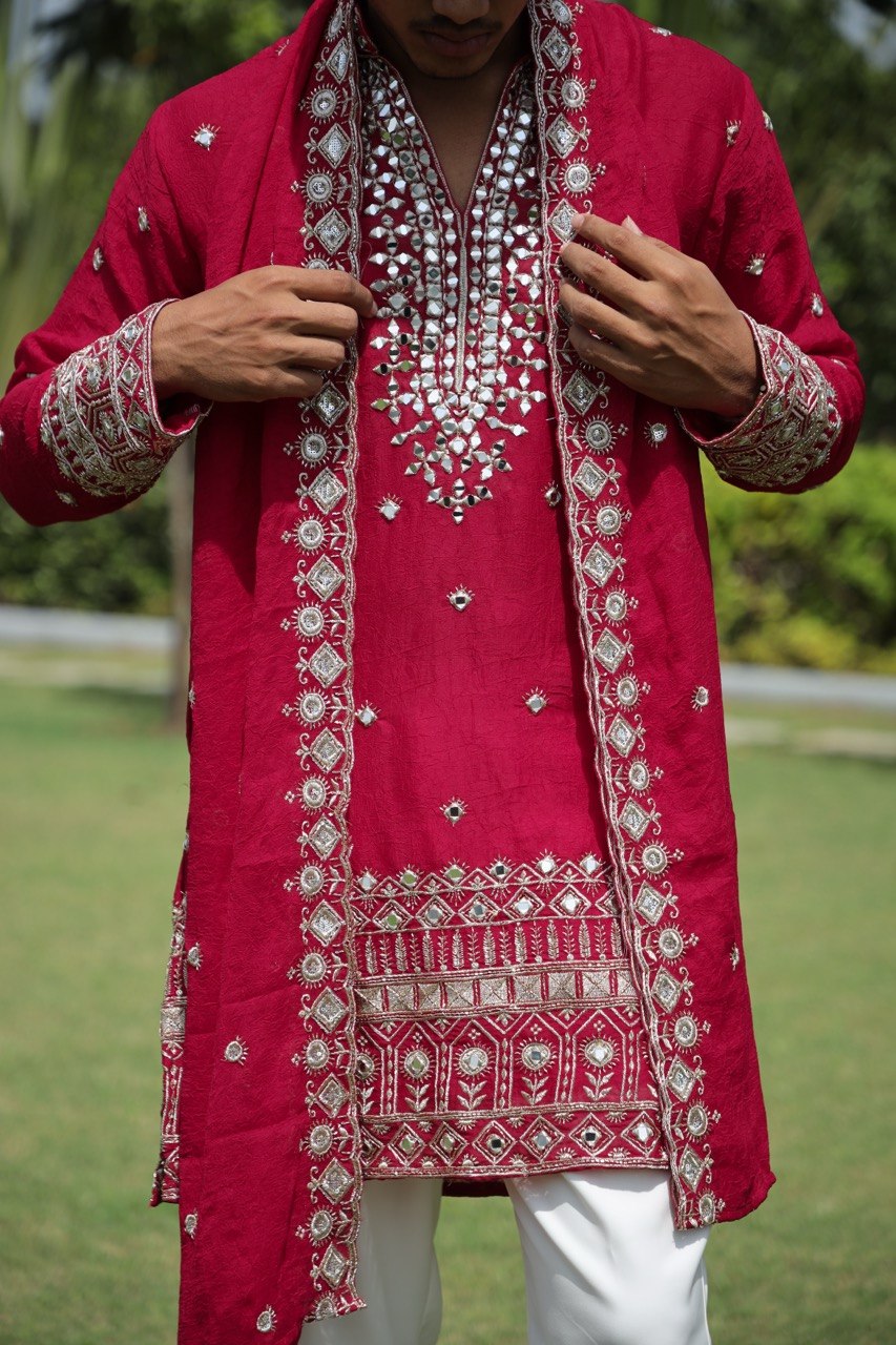 Rani Pink V-Neck Mirror Work Wedding Kurta Set For Men With Stole