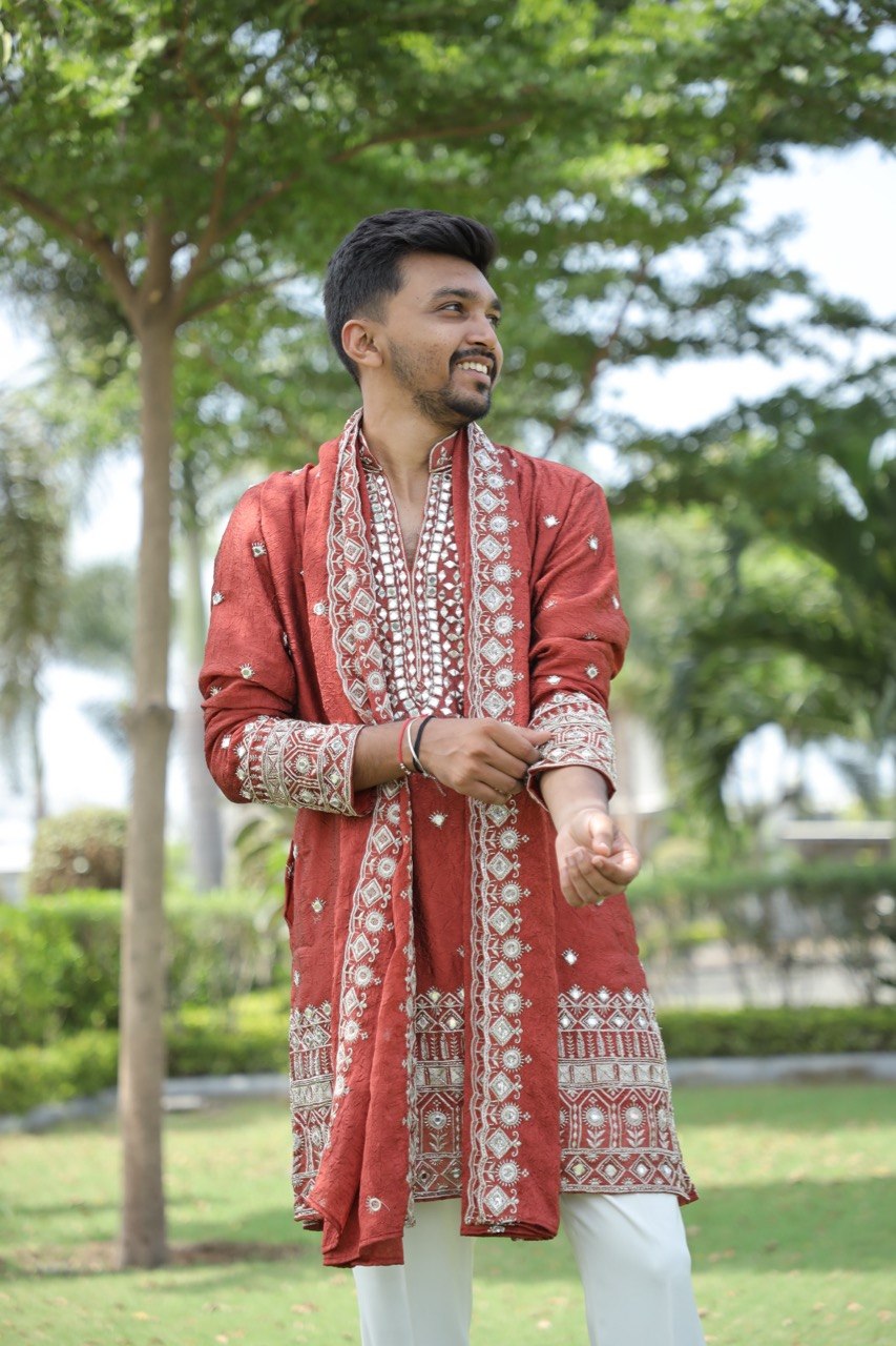 Rust V-Neck Mirror Work Wedding Kurta Set For Men With Stole