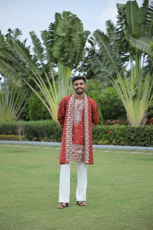 Rust V-Neck Mirror Work Wedding Kurta Set For Men With Stole