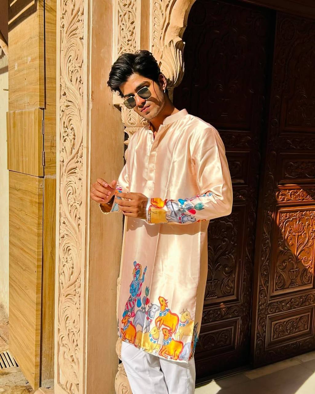 LIGHT BEIGE KRISHNA WITH COW PRINT KURTA PAJAMA
