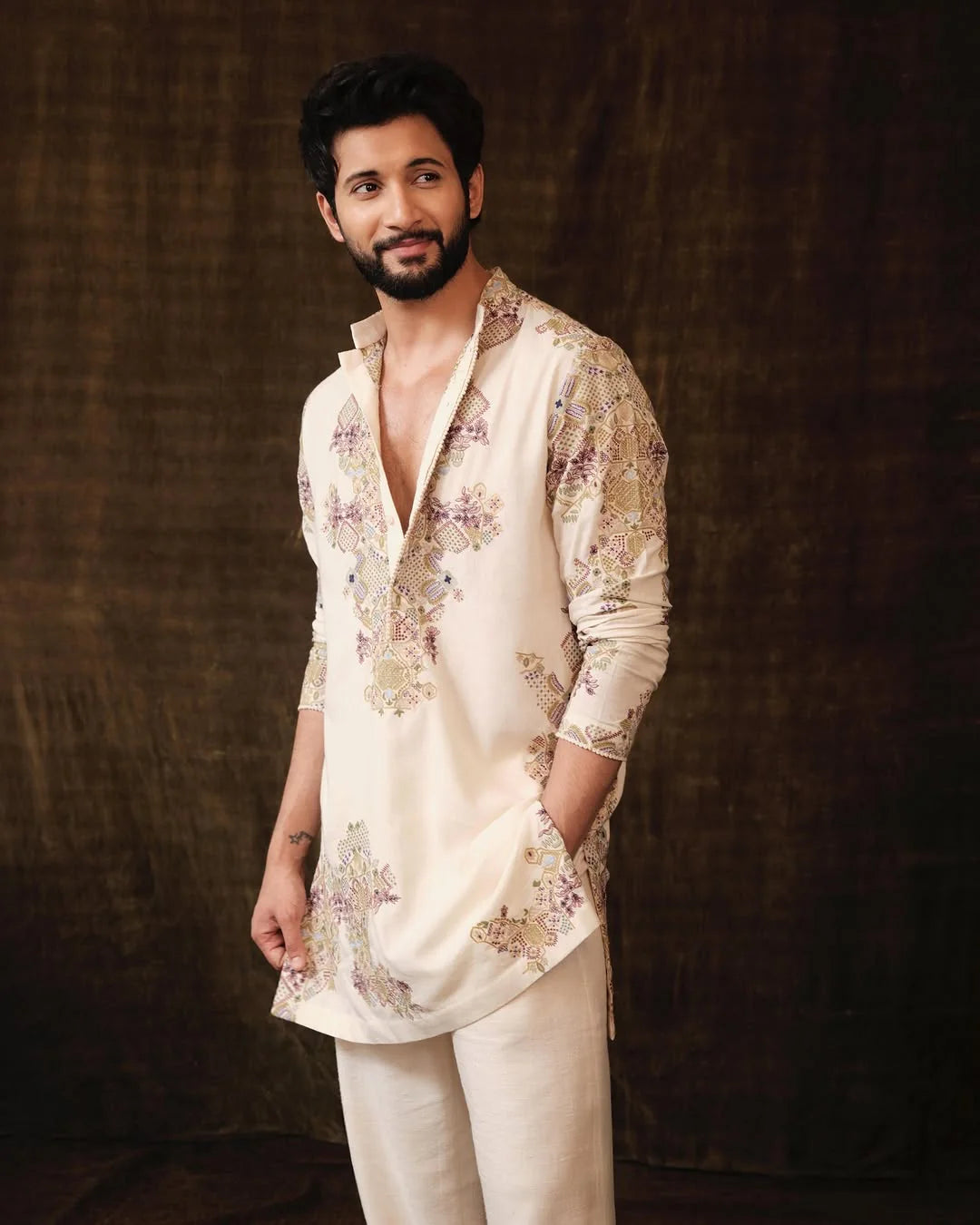 IVORY MULTI  EMBROIDERED KURTA PAJAMA SET FOR MENS