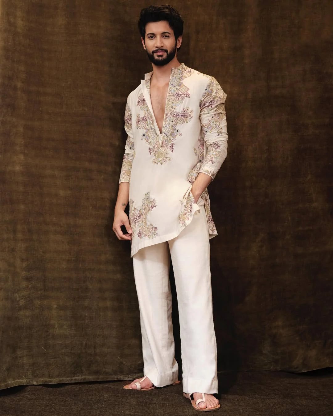IVORY MULTI  EMBROIDERED KURTA PAJAMA SET FOR MENS