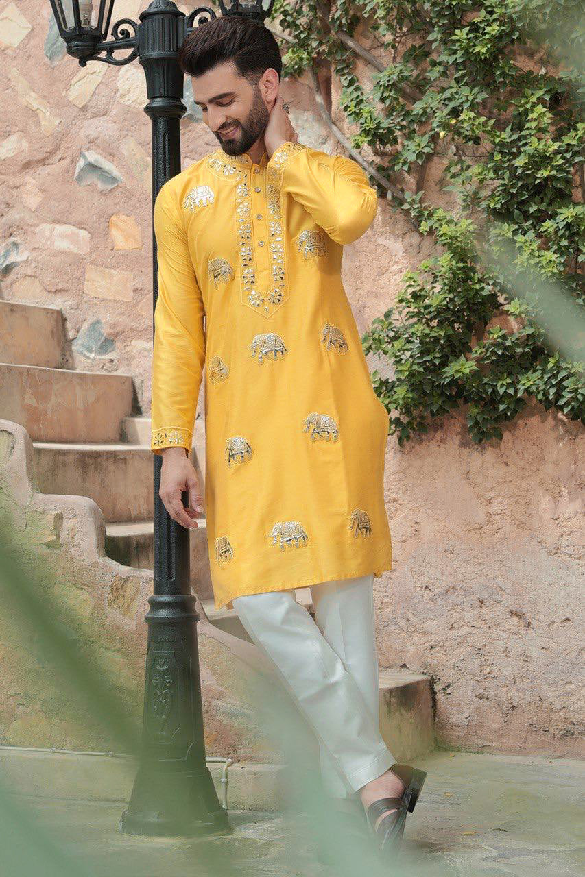 YELLOW FOIL EMBROIDERY WORK KURTA PAJAMA SET FOR MEN'S