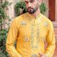 YELLOW FOIL EMBROIDERY WORK KURTA PAJAMA SET FOR MEN'S