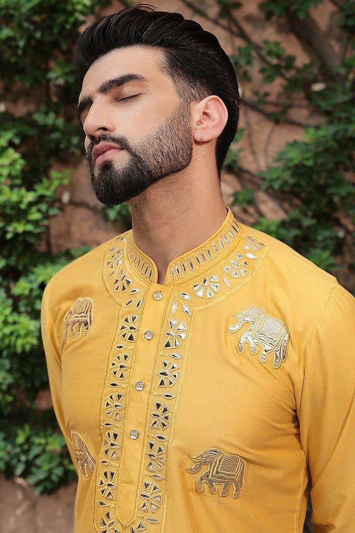 YELLOW FOIL EMBROIDERY WORK KURTA PAJAMA SET FOR MEN'S