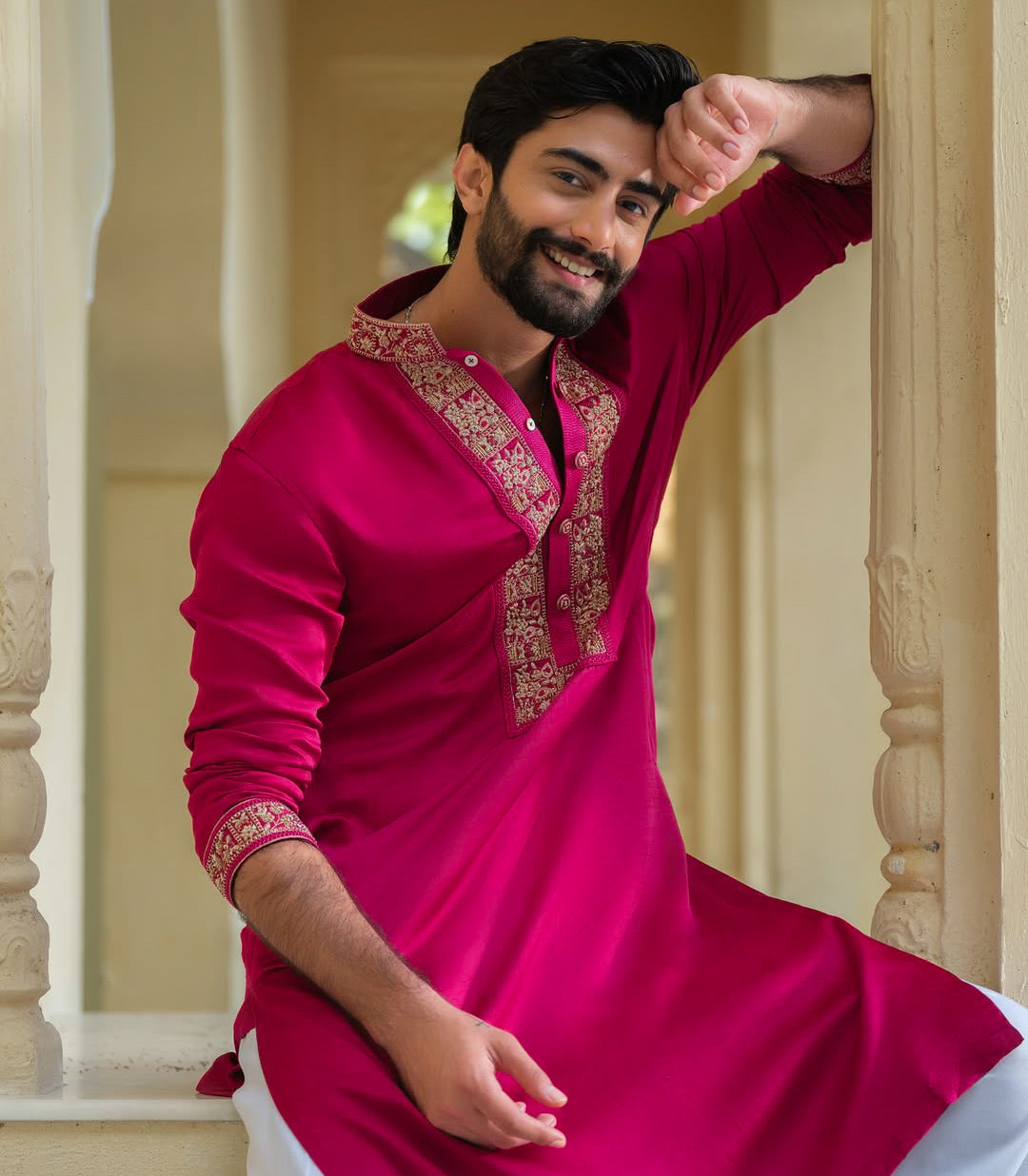 TRENDY PINK NECK EMBROIDERY KURTA PAJAMA SET