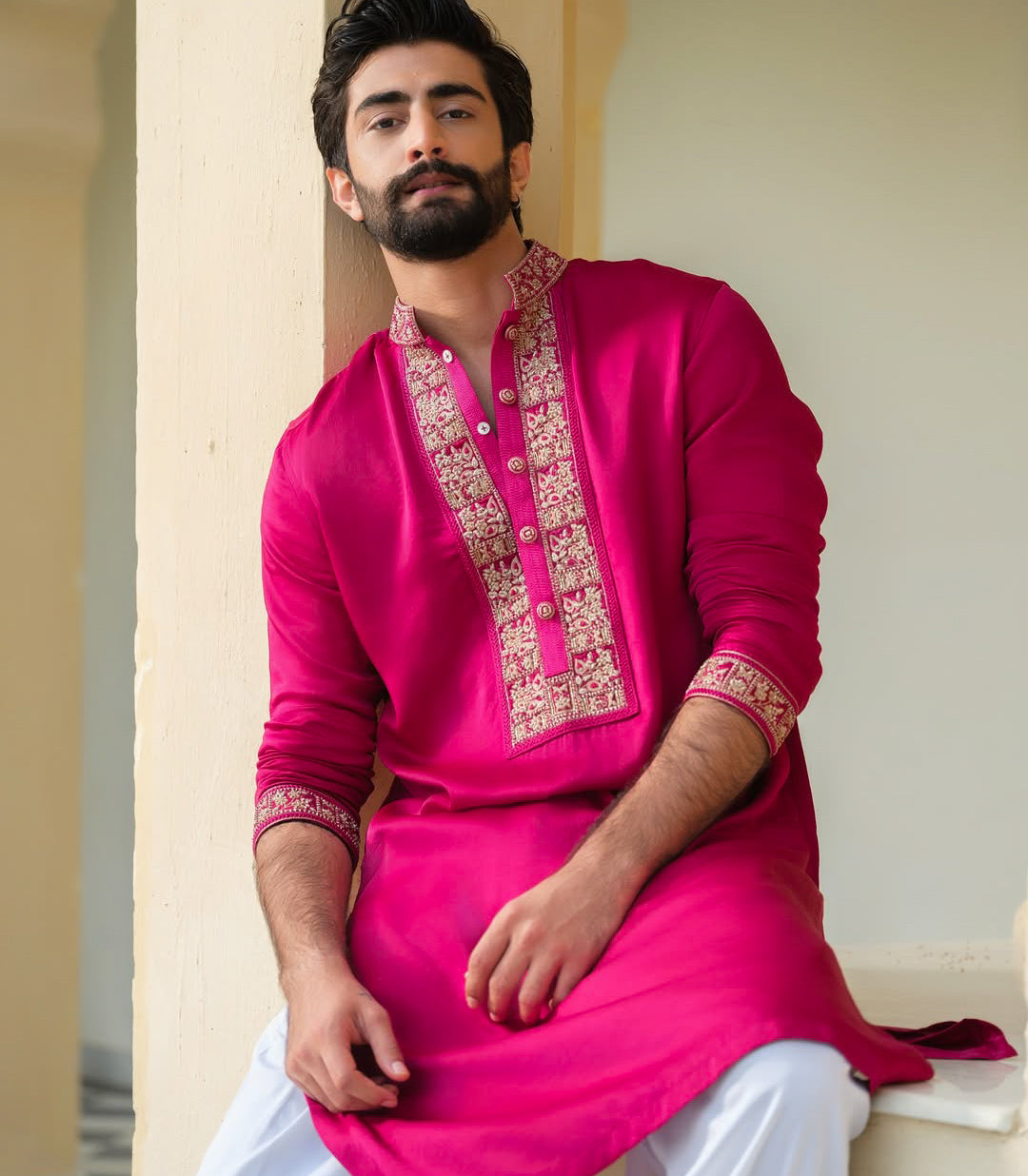 TRENDY PINK NECK EMBROIDERY KURTA PAJAMA SET