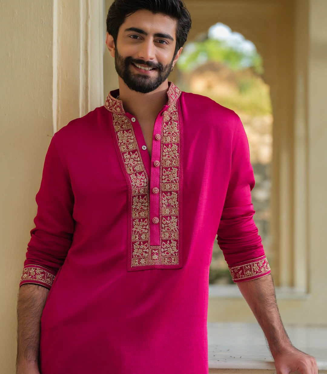 TRENDY PINK NECK EMBROIDERY KURTA PAJAMA SET