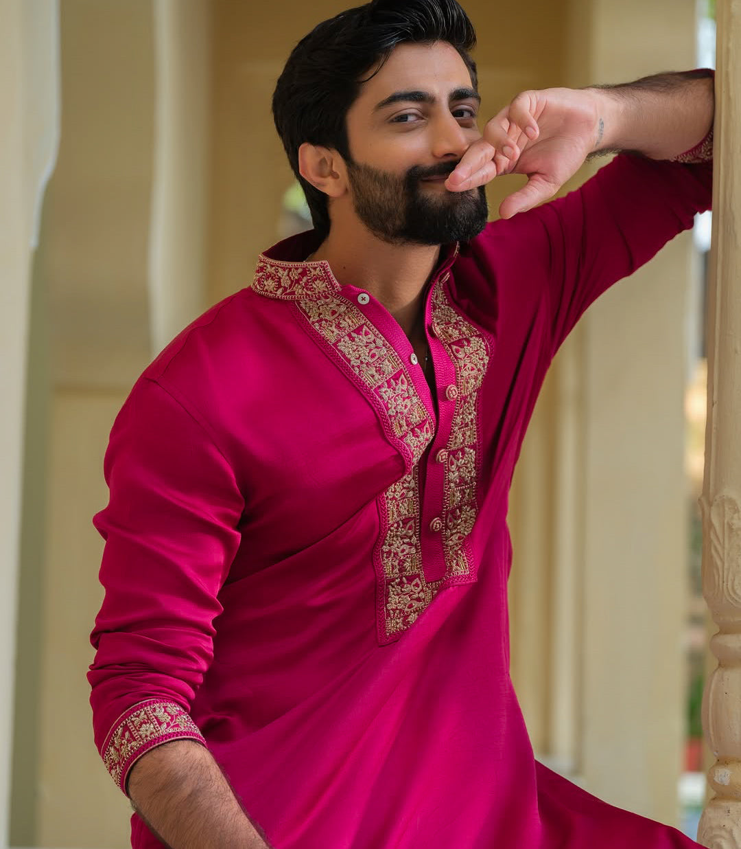 TRENDY PINK NECK EMBROIDERY KURTA PAJAMA SET