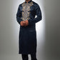BLUE  NACK SATIN MONKEY  EMBROIDERED KURTA WITH PAJAMA SET