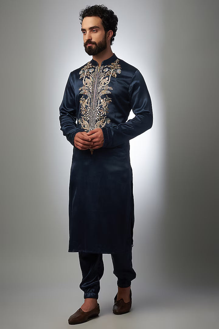 BLUE  NACK SATIN MONKEY  EMBROIDERED KURTA WITH PAJAMA SET