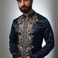 BLUE  NACK SATIN MONKEY  EMBROIDERED KURTA WITH PAJAMA SET