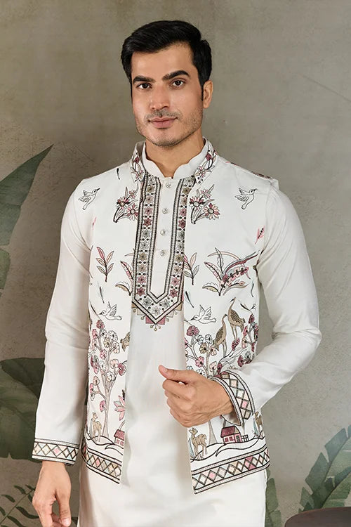 WHITE JACKET STYLE KURTA PAJAMA FULL SET