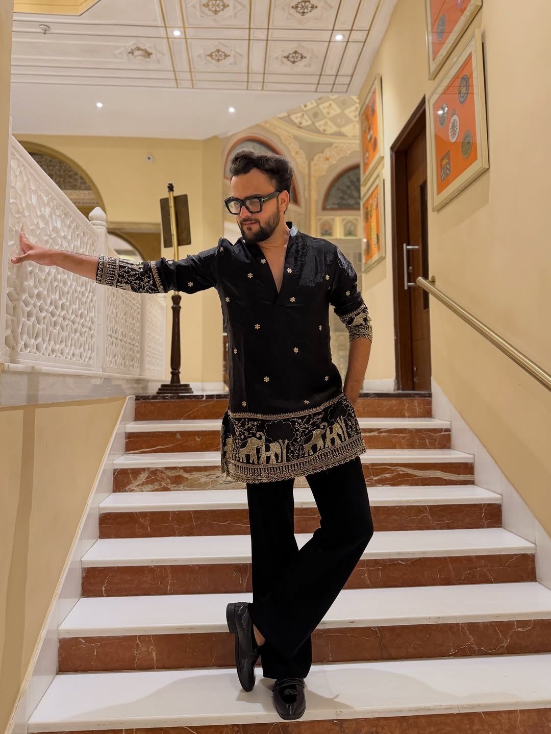 BLACK  ELEPHANT AND BUTTI EMBROIDERY WORK KURTA PAJAMA SET