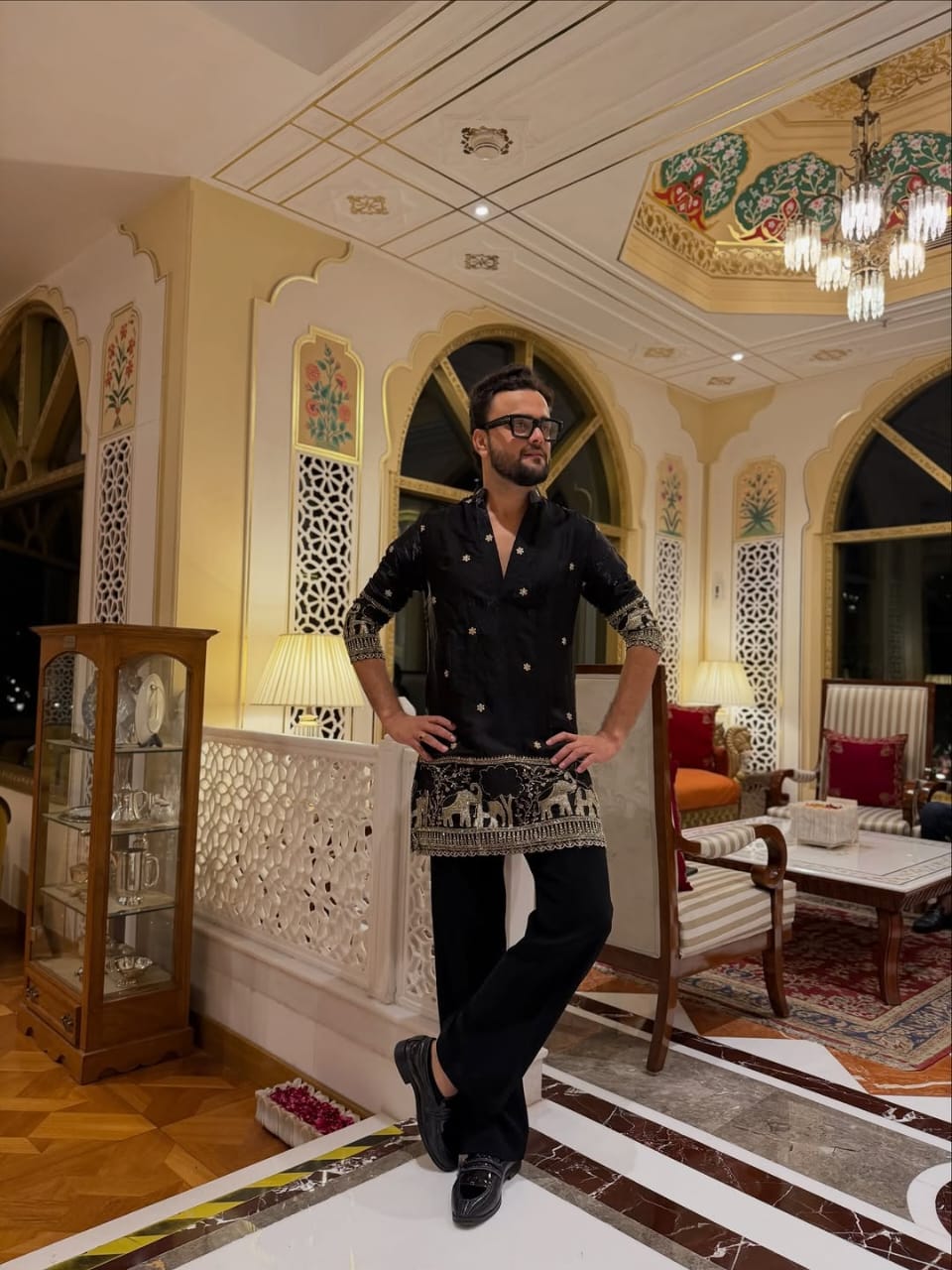 BLACK  ELEPHANT AND BUTTI EMBROIDERY WORK KURTA PAJAMA SET