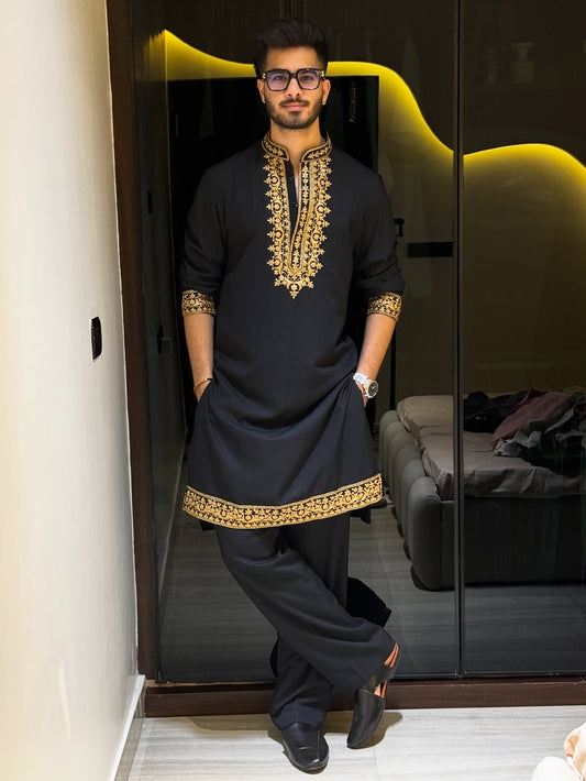 FESTIVAL SPECIAL BLACK EMBROIDERED DESIGNER KURTA PAJAMA SET